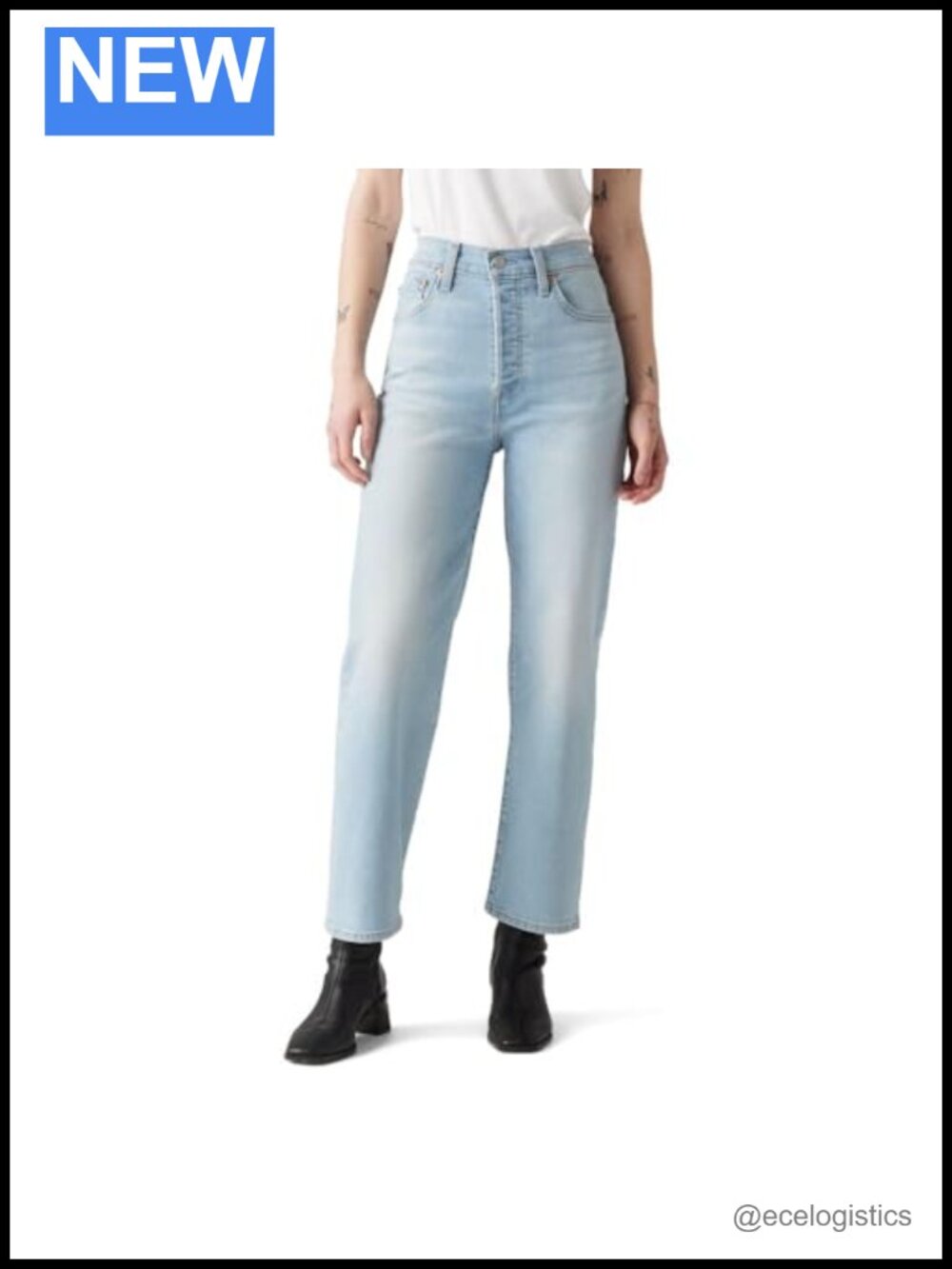 High Rise Straight Ankle Jeans Stretch Cotton Blend